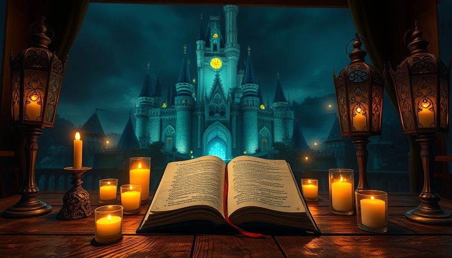 Whimsical magic castle and spell book in a warm, mystical setting.