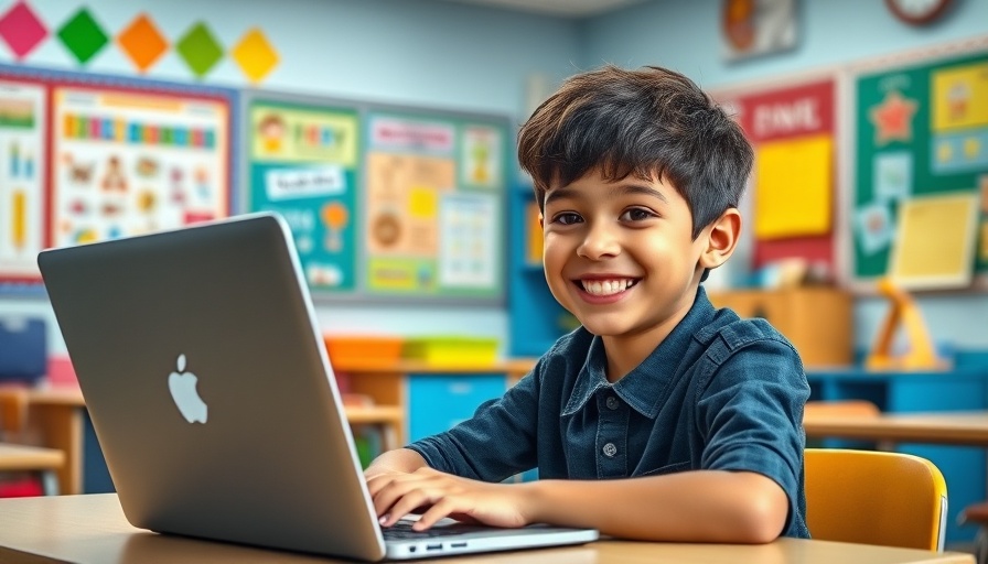 Cheerful young boy in classroom utilizing laptop, sensory overload concept.