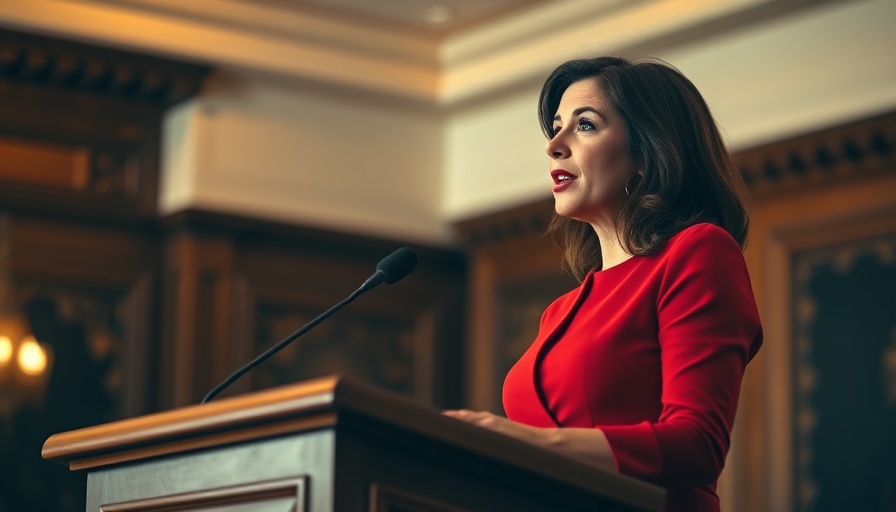 Confident woman in red delivering a passionate speech, emphasizing the divinity of love.