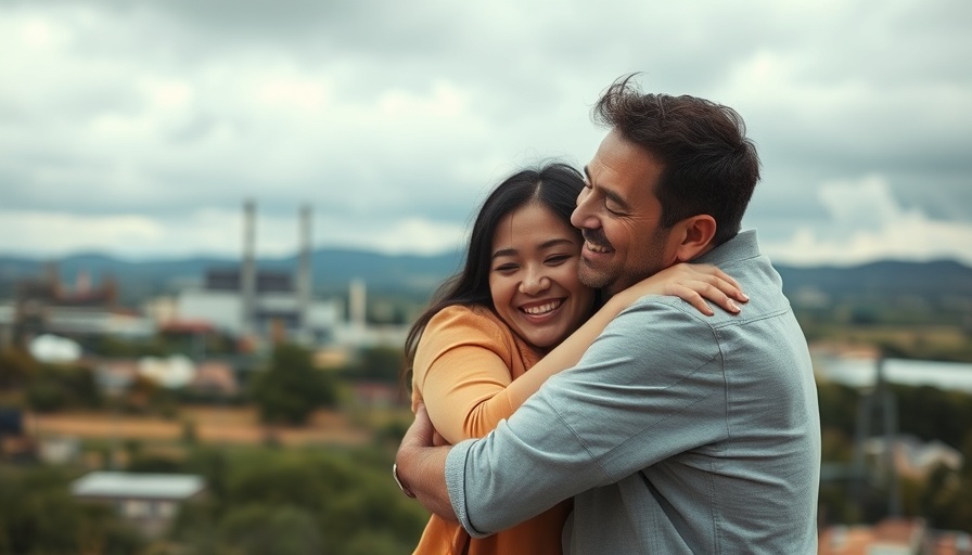 Joyful couple embracing outdoors with a cloudy sky backdrop.