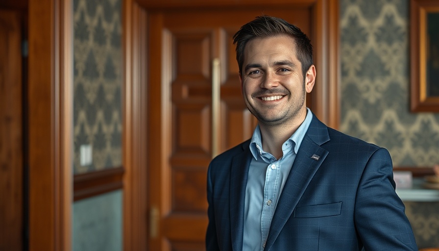 Man in navy suit, smiling indoors. Understanding Autism.