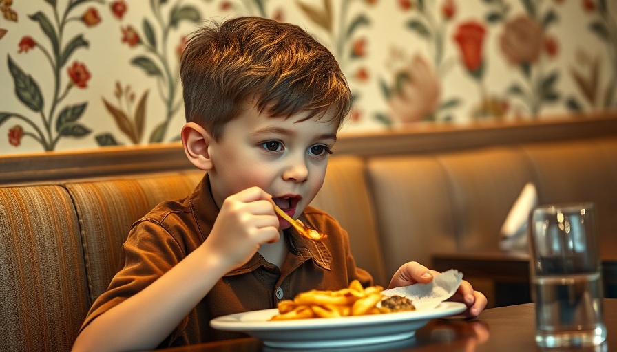 Boy eating in restaurant with plants and warm tones.