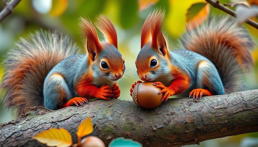 Digital squirrels exploring on a tree branch in vibrant colors.