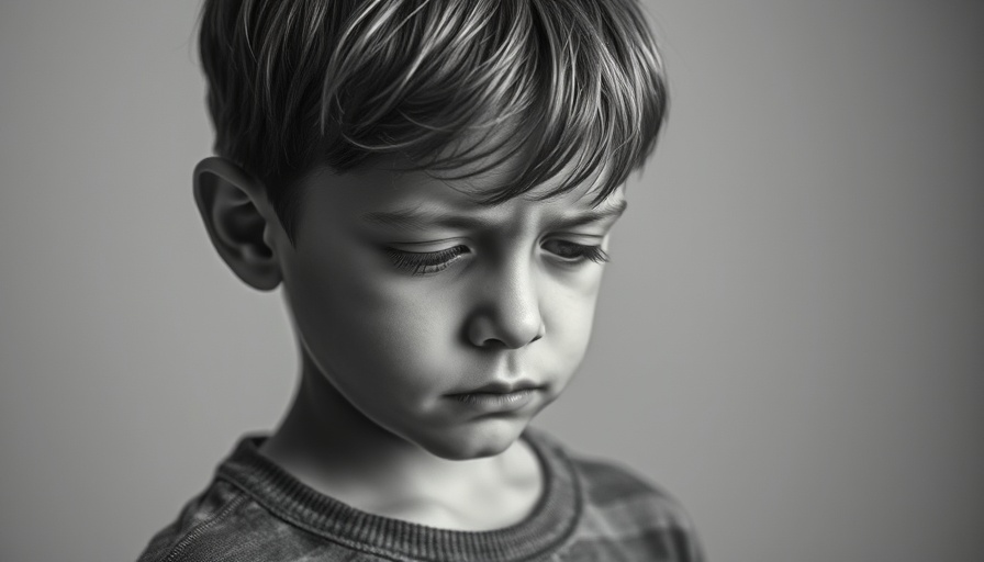 Somber young boy, teary-eyed, emotional portrait on autism awareness.