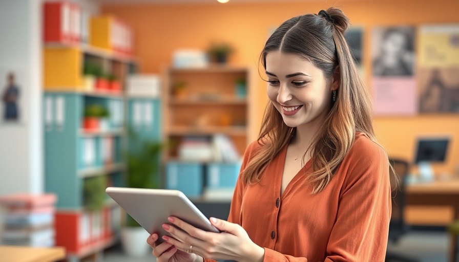 Smiling woman interacting with a tablet in an office, exploring the Behavior Technician Career Path.