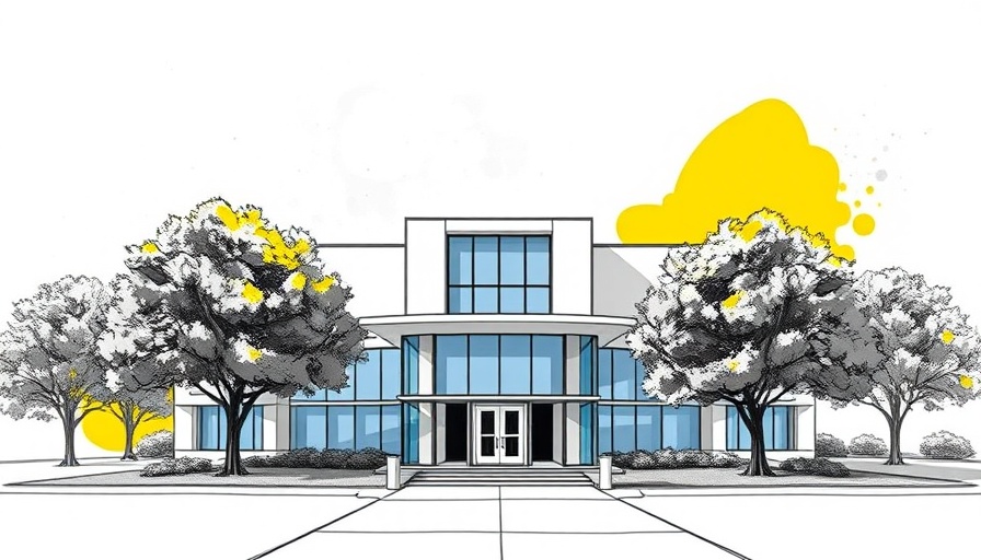 Architectural sketch of research building with abstract background.