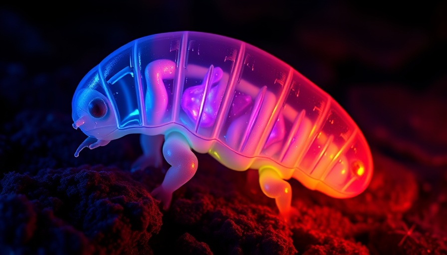 Magnified view of a neon-colored tardigrade for autism research.