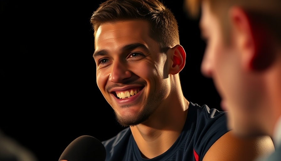 Athlete smiling during an interview with text overlay.