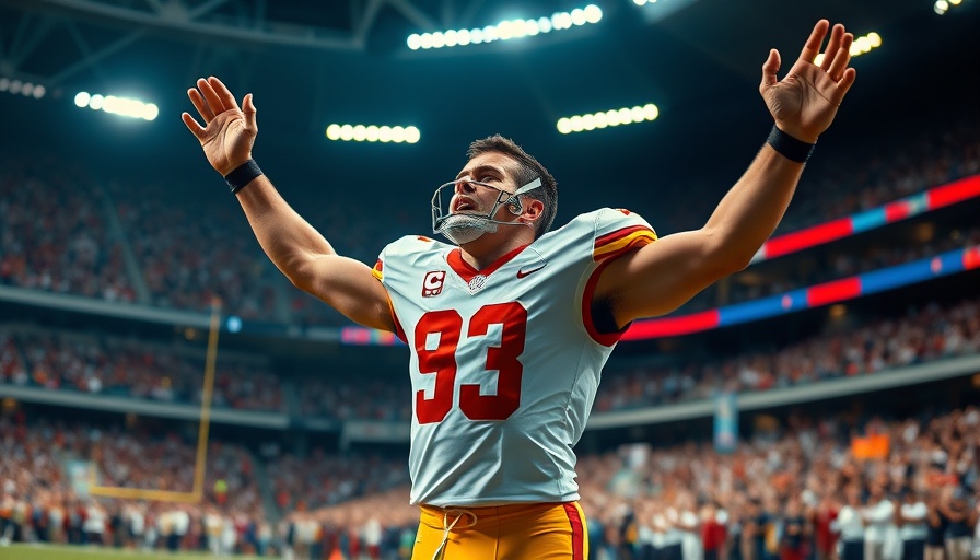 Athletic football player celebrating on the field with a cheering crowd.
