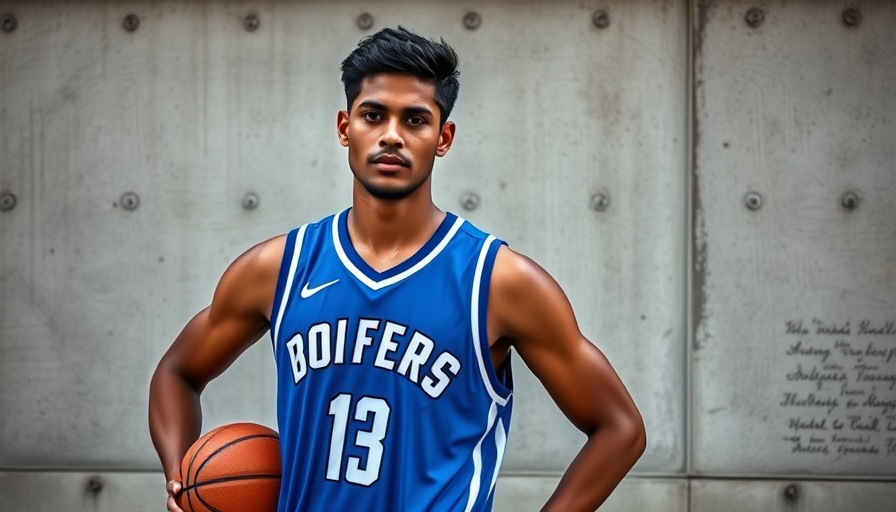 Young athlete posing in blue jersey, urban background.