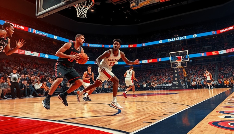 AI sports betting graphic with basketball game highlights.