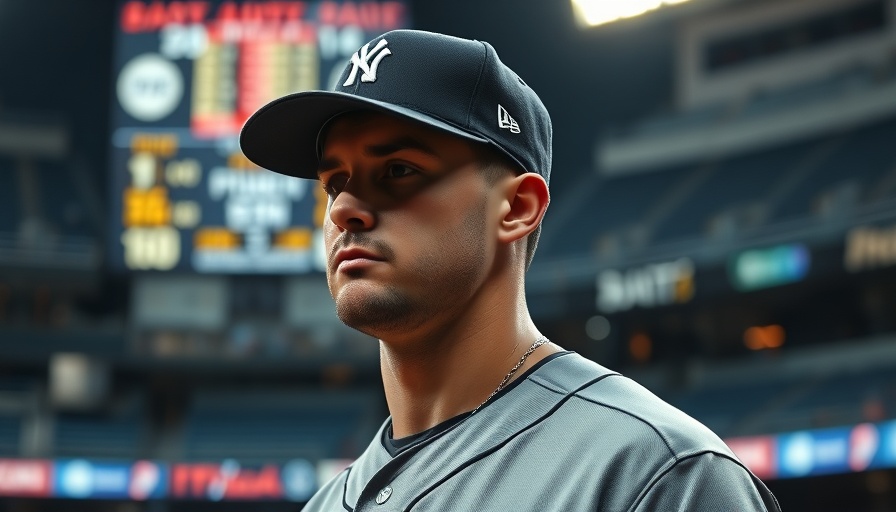 Baseball player in gray jersey contemplative during game with visible scoreboard.