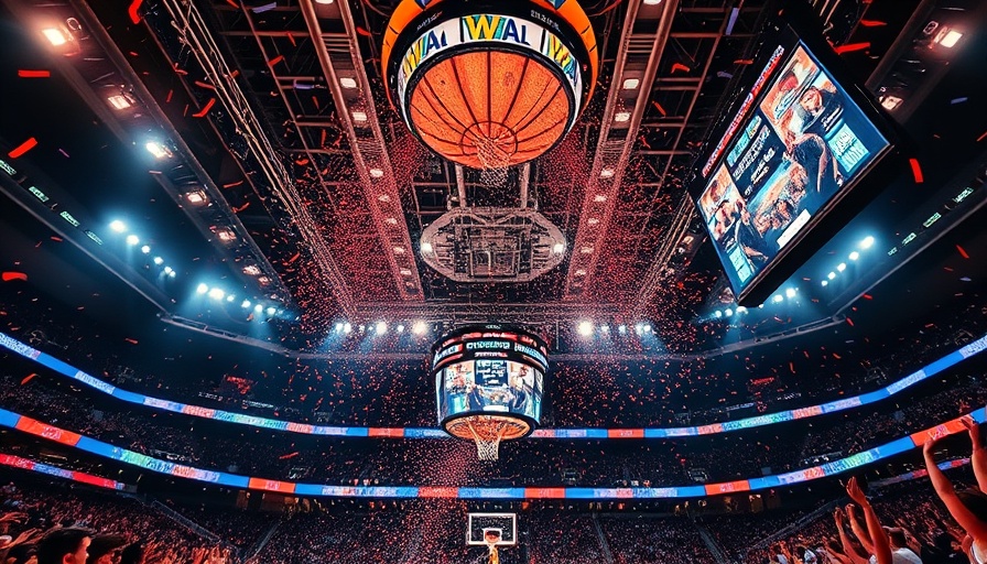 NCAA Tournament celebration with confetti falling, vibrant lights.