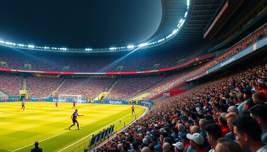Energetic soccer match with a lively crowd in a packed stadium.