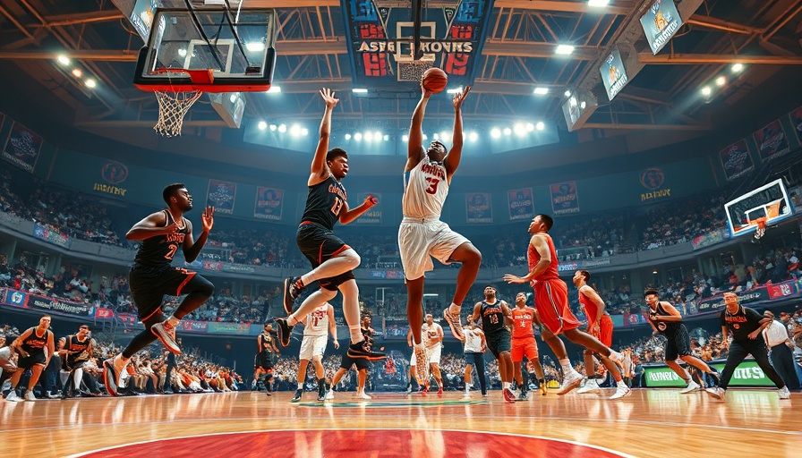 Dynamic basketball game action scene with players competing, highlighting team energy.