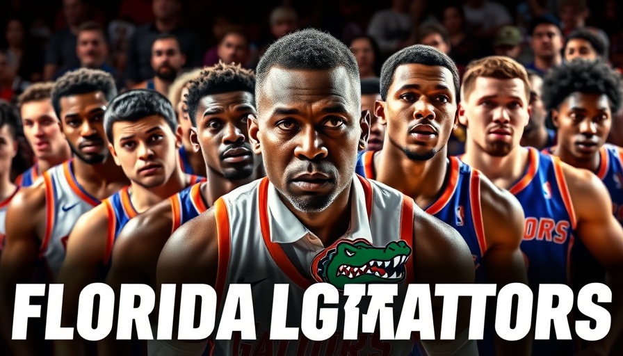 Florida Gators basketball players and coach focused with 'Summer Shootaround' banner.