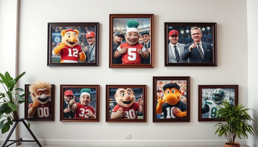 Framed sports-themed images featuring mascots and humorous expressions on a tribute wall.