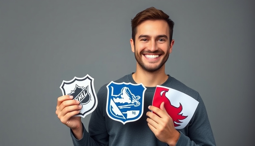 Smiling man with NHL teams chart, clear studio lighting.