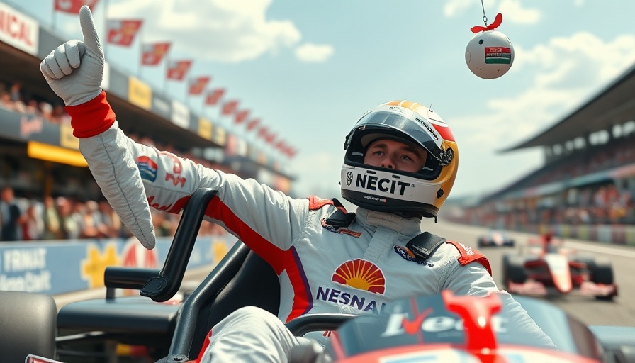 Race car driver celebrating at track, AI sports betting context.
