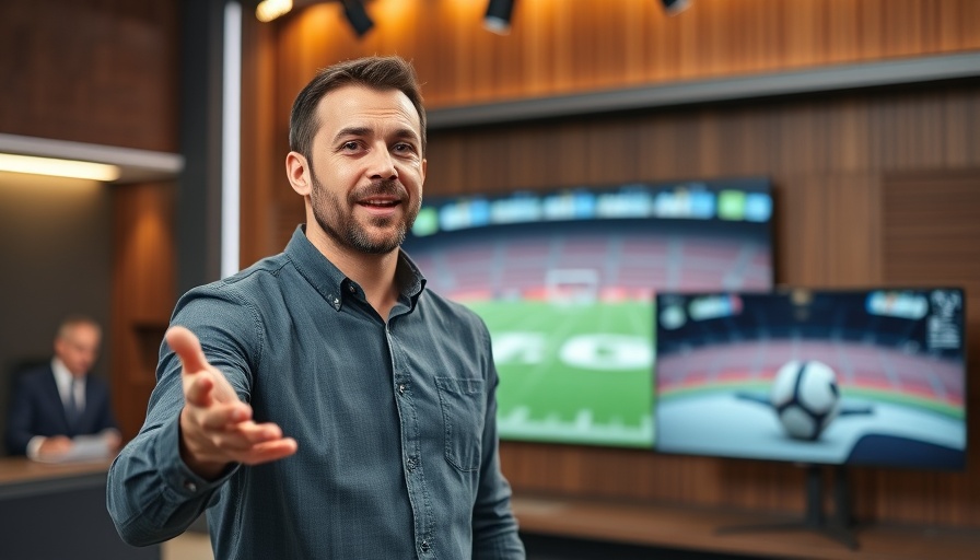 Sports host discussing soccer in modern studio setting.