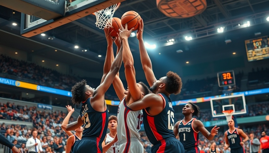Dynamic basketball game scene with players reaching for ball, AI sports betting.