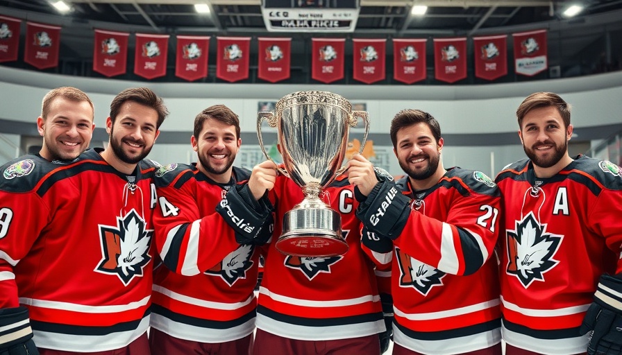 Hockey team celebrating victory with trophy indoors.