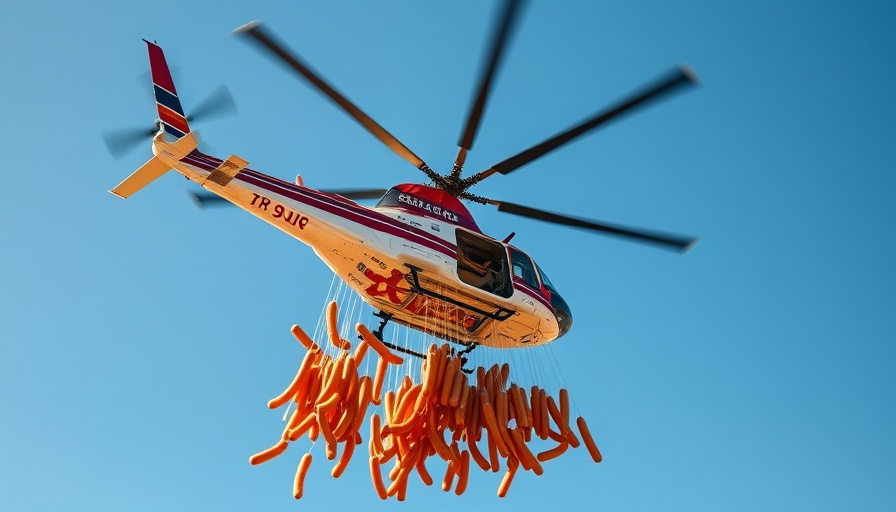 Helicopter dropping hot dogs mid-air in a clear sky.