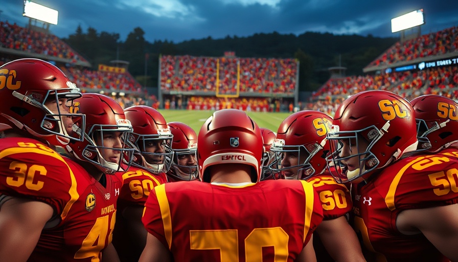 AI sports betting insight with USC football players' pre-game huddle.