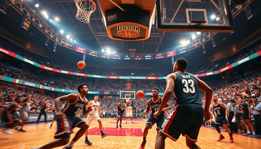 Intense basketball game capturing dynamic action, AI sports betting.