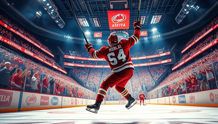 AI sports betting: dynamic hockey player celebrating with fans in stadium.