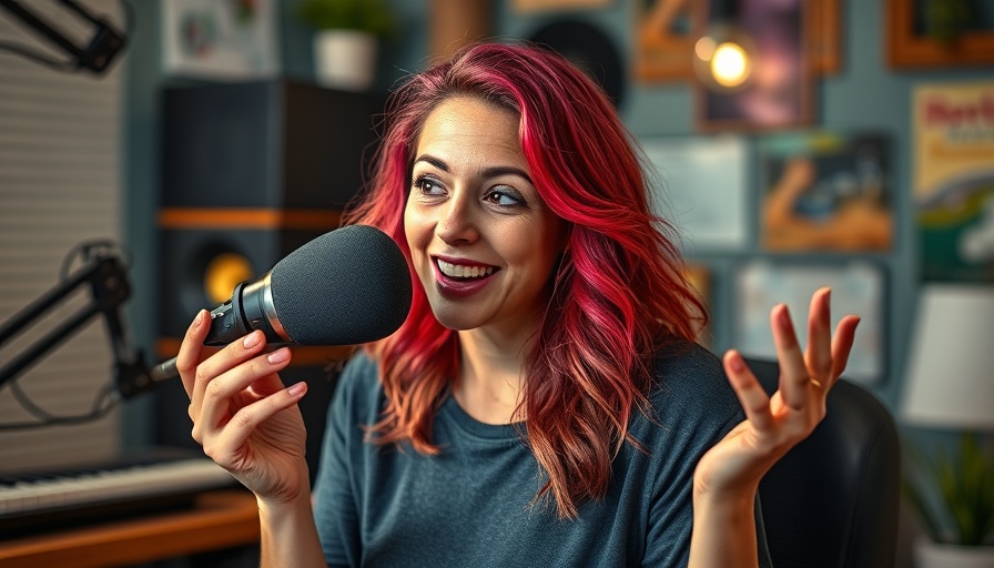 Podcast discussion with a colorful-haired guest and host.