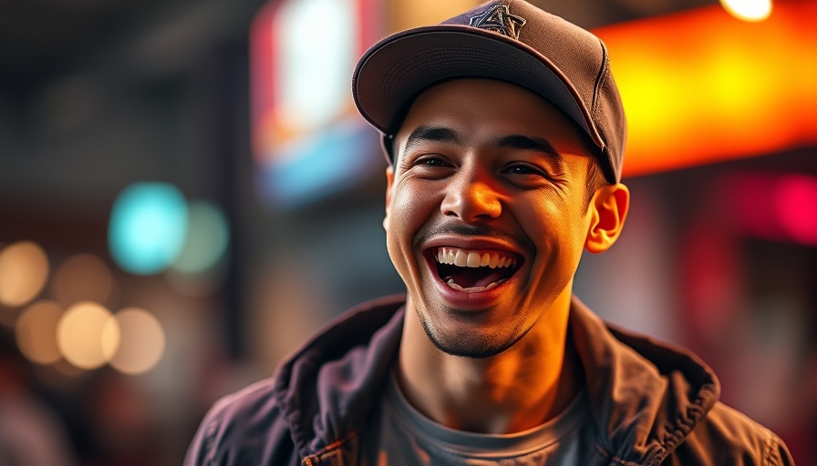 Smiling young man showing enthusiasm in casual attire.