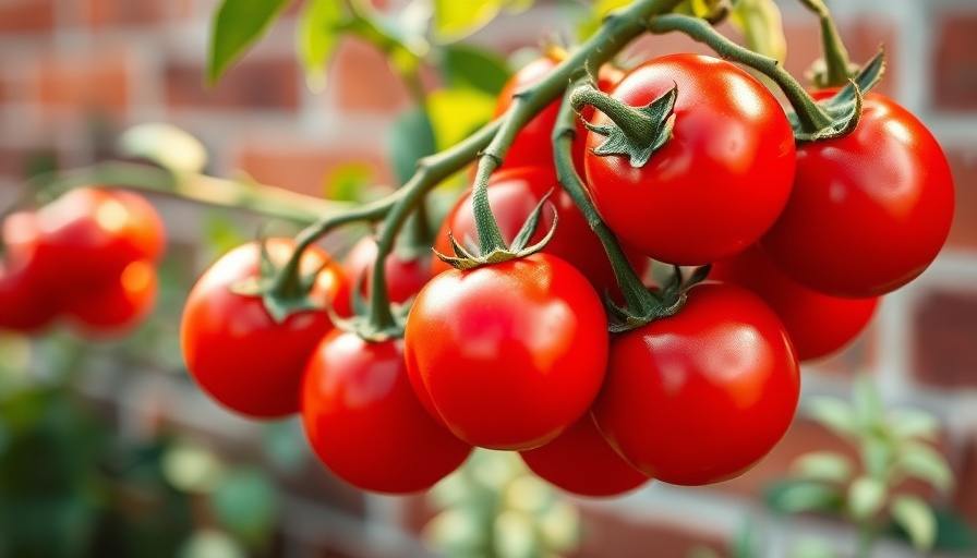 Freshly grown tomatoes hanging on the vine, garden setting.