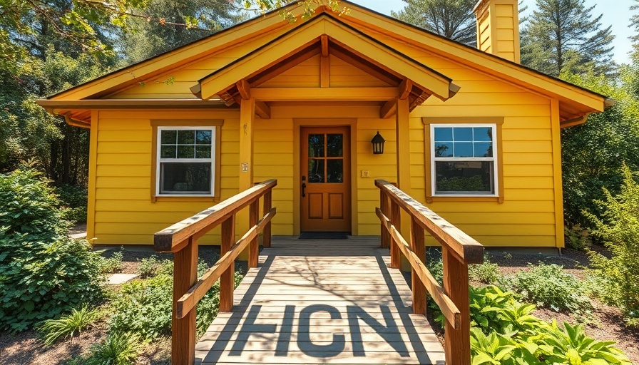 Cozy yellow house in Atlanta real estate market with wooden ramp.