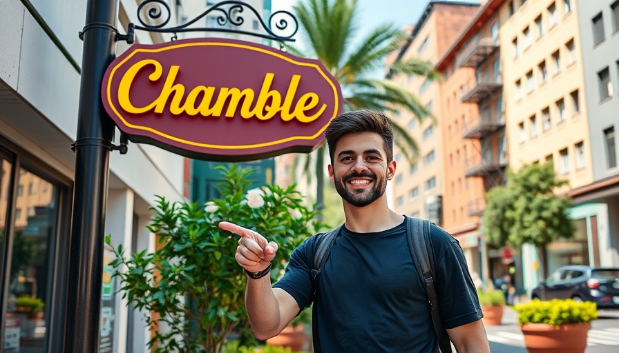 Living in Atlanta: Smiling man points at Chamblee sign in urban setting.