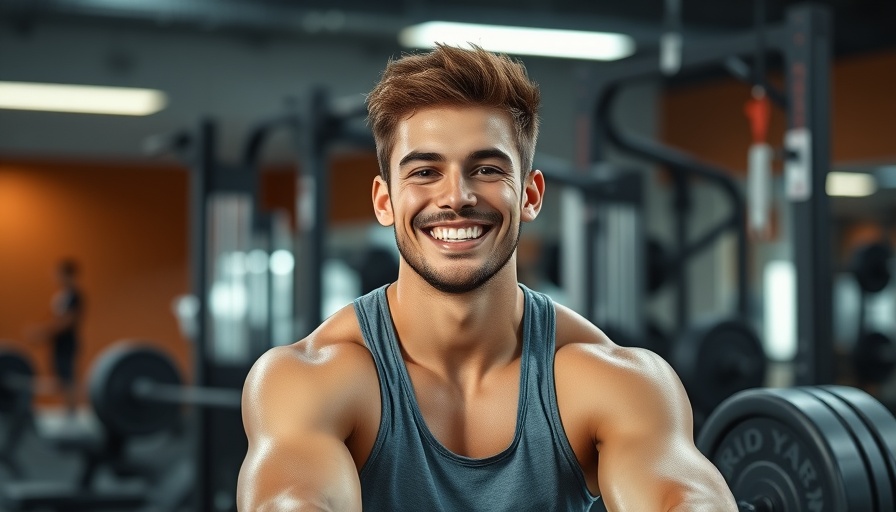Athletic young man smiling in a gym setting with weightlifting gear.