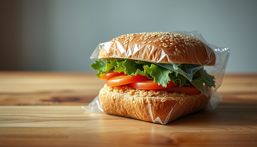 Whole grain sandwich in plastic bag on wooden table, emphasizing the need to stop using plastic bags for sandwiches.