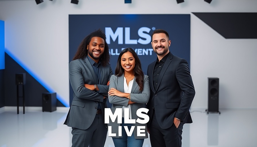 Three professionals promoting MLS live event with modern graphic design.