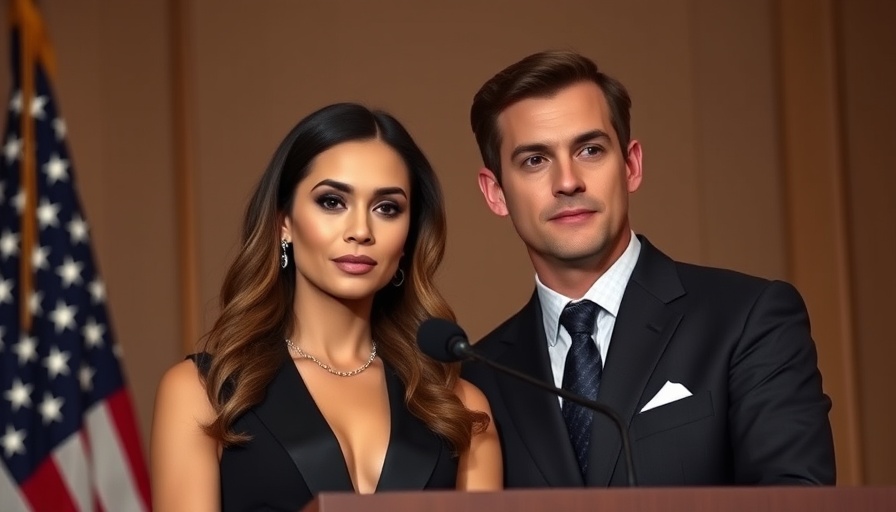 Elegant couple awaits remarks in formal setting with American flag backdrop.