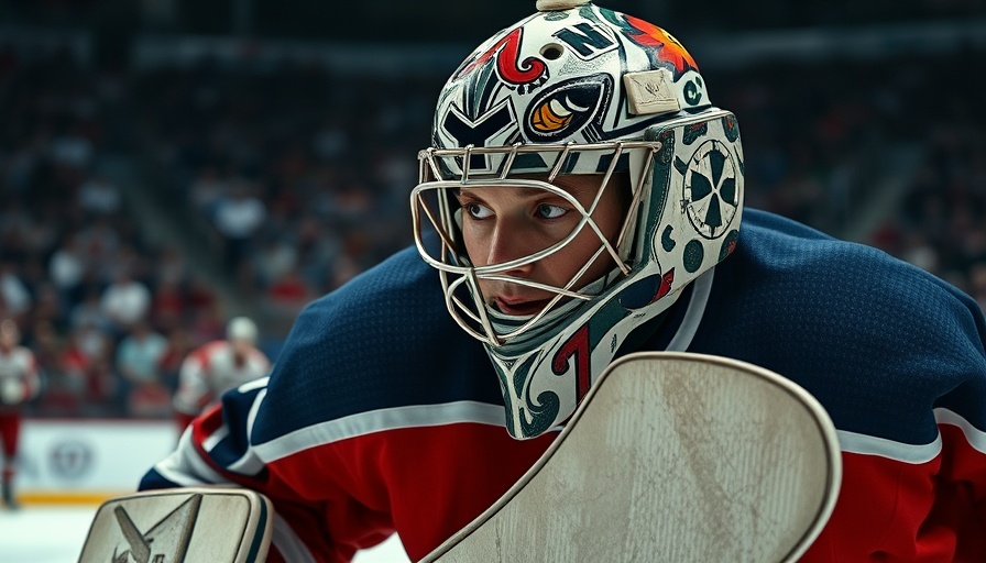 Vintage goalie with patterned mask revolutionizing hockey.