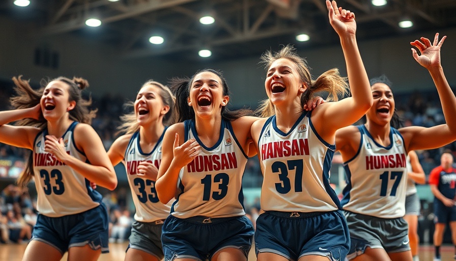 Excited female basketball players celebrating in an arena.