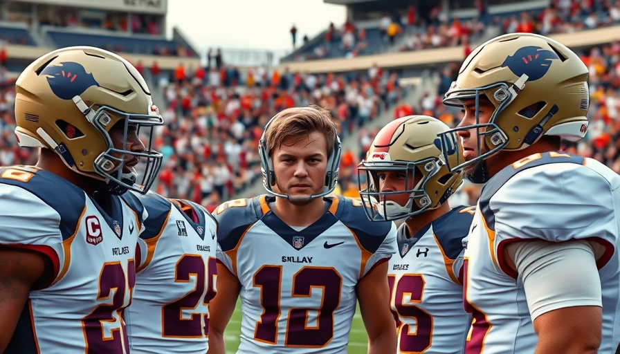 College football players strategizing on the field.