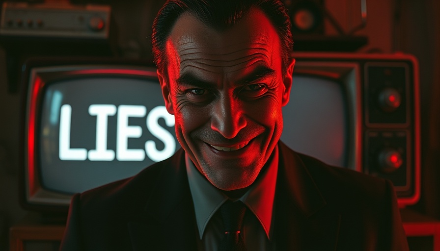 Sinister TV scene with man smirking, text 'LIES', dark mood.