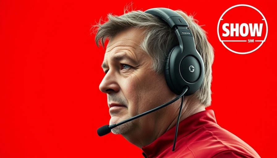 Focused coach with headset against red backdrop, symbolizing Atlanta Falcons dominant win.