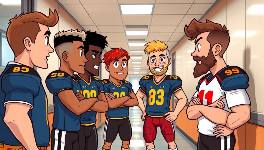 Cartoon football players in hallway discussing AI sports betting strategy.