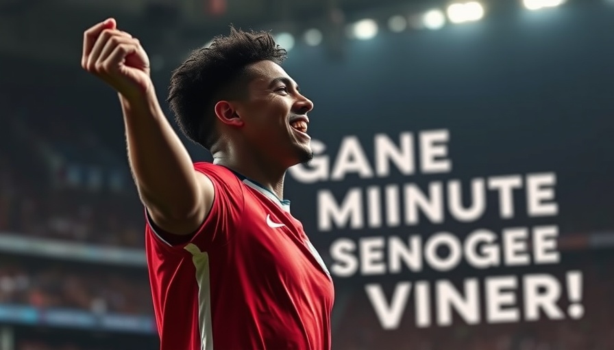 Soccer player celebrating goal with vibrant background text.