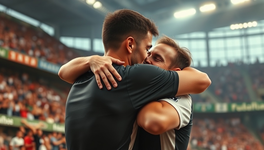 Passionate hug in sports setting, camaraderie showcased.