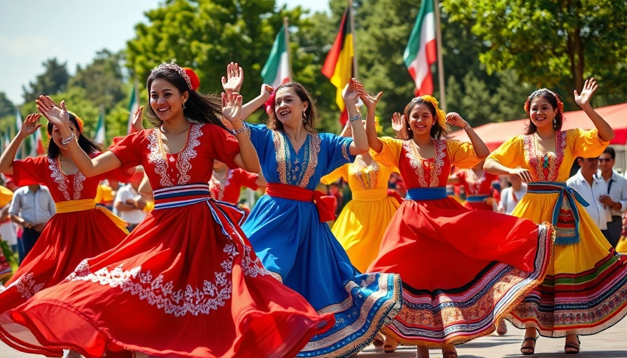 Hispanic Heritage Month Atlanta celebration with dancers in colorful dresses.