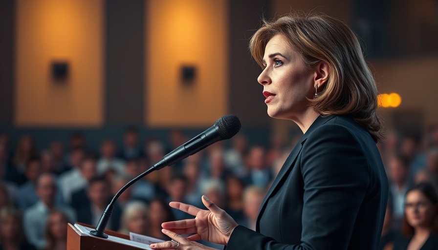 Erika Kirk delivering a speech on stage with a serious expression.
