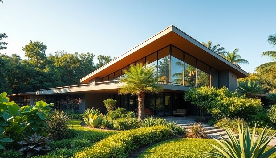 Mid-century modern homes in Atlanta with angular roof and greenery.